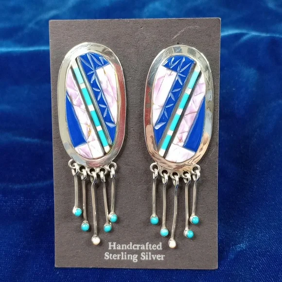 Vintage Native American Multi Stone On Sterling Silver Dangle Earrings Post - Picture 4 of 16
